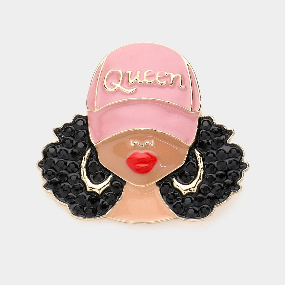 Pink QUEEN Black Girl Magic Hoops Afro Hat Worded Statement Brooch Pin